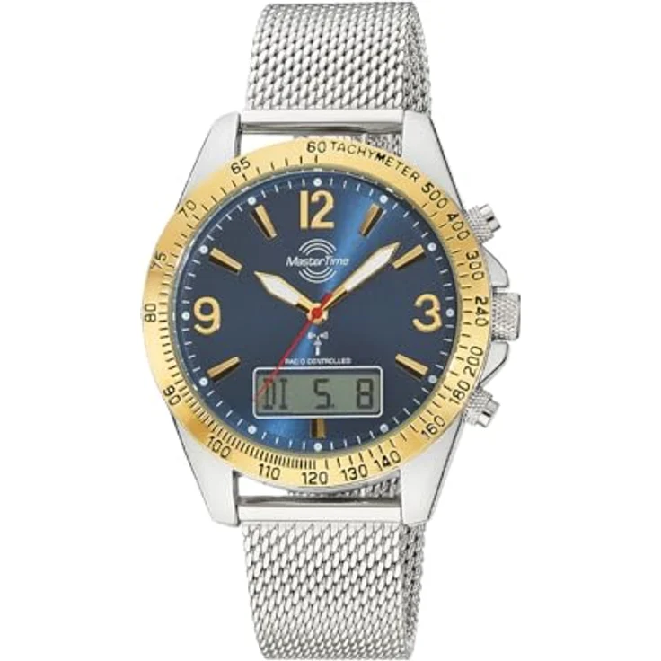 Master Time MTGA-10964-32M, Funk Quarz Herren Uhr Analog-Digital mit Edelstahl Milanaise Armband, wasserdicht bis 5 Bar, automatische Zeitumstellung, blaues Zifferblatt – Bild 1