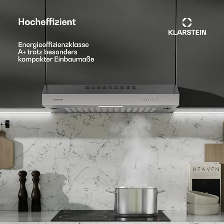 Klarstein SlimVent Dunstabzugshaube Unterbau, 60 cm, 200 m³/h, Energieeffizienz A+, 52 dB, LED-Beleuchtung, spülmaschinengeeignete Filter, Weiß, Silber – Bild 3