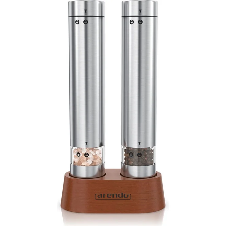 Arendo Elektrische Salz-/Pfeffermühle & Pfeffermühle, stufenlos einstellbar, 2er Set aus Edelstahl mit Keramikmahlwerk und Holzständer