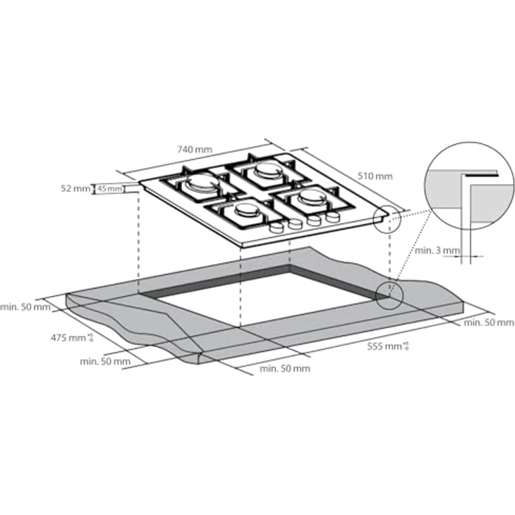 KKT KOLBE G805G Gaskochfeld 59 cm, autark, 7,9 kW, 4-flammig, stufenlos regelbar, Wok-Zone, glas, für Erdgas und Propangas – Bild 5