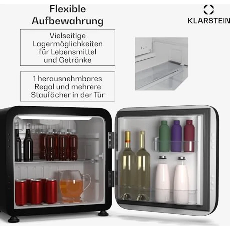 Klarstein Audrey Evo Mini Kühlschrank, 43 Liter Kapazität, leises Retro-Design, 49,5 cm hoch, reversible Tür, Schwarz – Bild 5