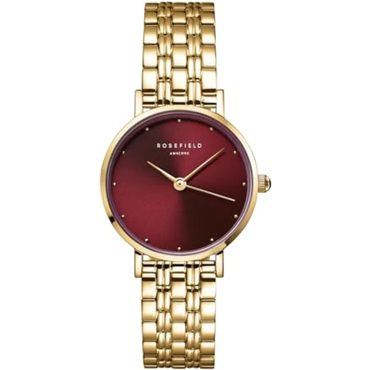 Rosefield Montre Femme Small Edit, Armbanduhr in Bordeaux mit 26 mm Gehäuse, wasserdicht bis 3 ATM, Edelstahlarmband 23K vergoldet – Bild 1