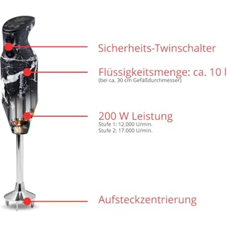 ESGE Zauberstab 91012 Design Edition Marmor-Schwarz, Stabmixer mit 200W AC-Motor, 2-stufig, 17.000 U/min, Zubehör inklusive Stativ und Multimesser – Bild 3