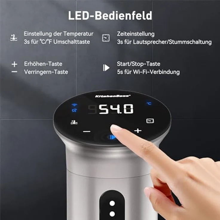 KitchenBoss Sous Vide Stick Garer, 1100W Präzisionskocher mit Wi-Fi App-Steuerung, IPX7 wasserdicht, LED Touch Display, ultra-leise Tauchzirkulator – Bild 3
