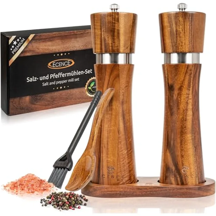 ECENCE Salz-/Pfeffermühle Holz 2er Set aus Akazienholz, Gewürzmühle mit Keramikmahlwerk und Untersetzer