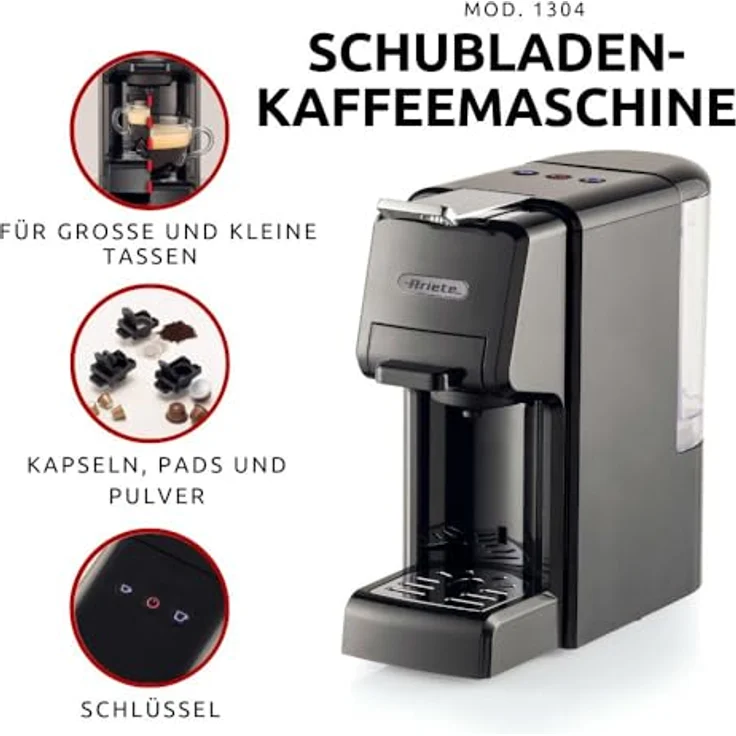 Ariete 1304/12, Vollautomatische Kapselmaschine in Rot mit 1350 W Leistung und 0,7 L Wassertank, unterstützt gemahlenen Kaffee, Kaffeepads und Kaffeekapseln – Bild 6