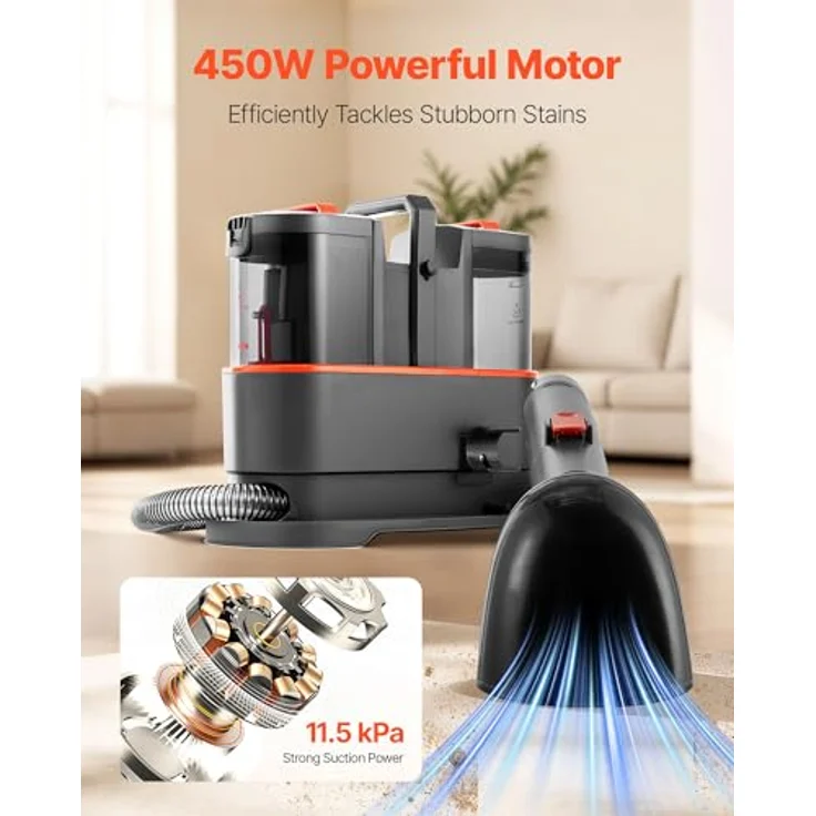 VEVOR Teppichreinigungsmaschine CX002C, tragbarer Polsterreiniger mit 1,5 L Frischwassertank und 0,8 L Schmutzwassertank, starke Saugkraft von 11,5 kPa, Dunkelgrau + Orange – Bild 2