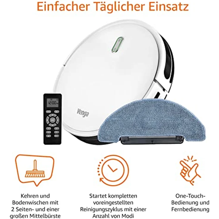 Venga! Saugroboter mit Mop, einfach zu bedienen, 6 Reinigungsmodi, leiser Betrieb, weiß, VG RVC 3000 BS, Device - White – Bild 4