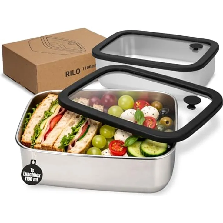 elasto Lunchbox Edelstahl mit Glasdeckel, 1100 ml, auslaufsichere Brotdose für Kinder & Erwachsene, silber/blau