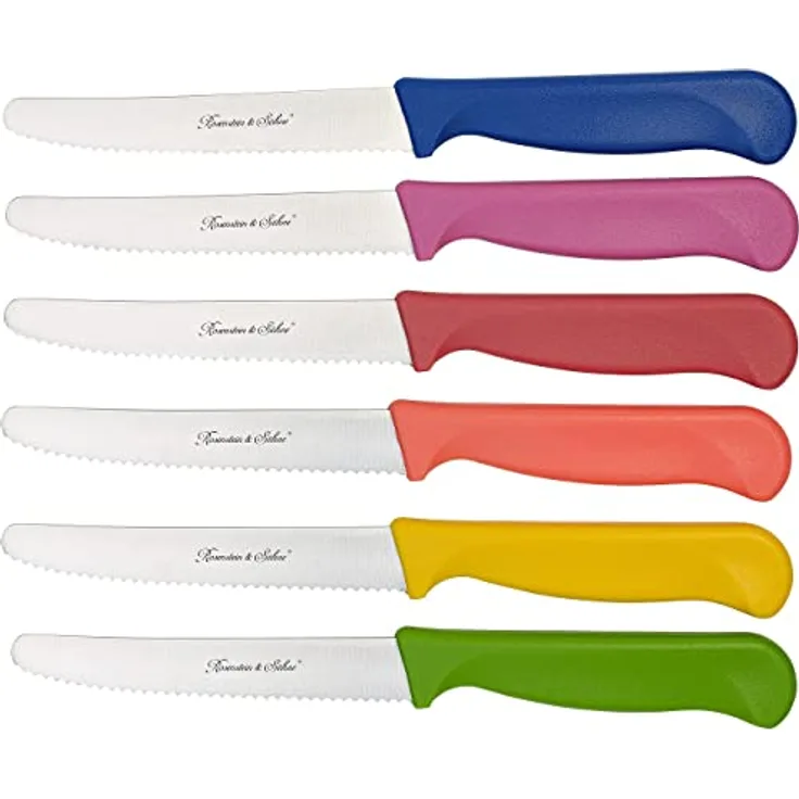 Rosenstein & Söhne Brötchenmesser: 6er-Set bunte Frühstücksmesser mit Wellenschliff, 11,4 cm Klingenlänge (Brotmesser, Vespermesser, Keramikmesser)