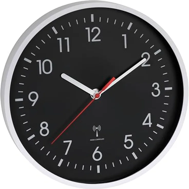 TFA Dostmann Analoge Funk-Wanduhr 60.3550.20, schwarz invertiert, gut ablesbares Zifferblatt mit weißen Ziffern und rotem Sekundenzeiger, batteriebetrieben