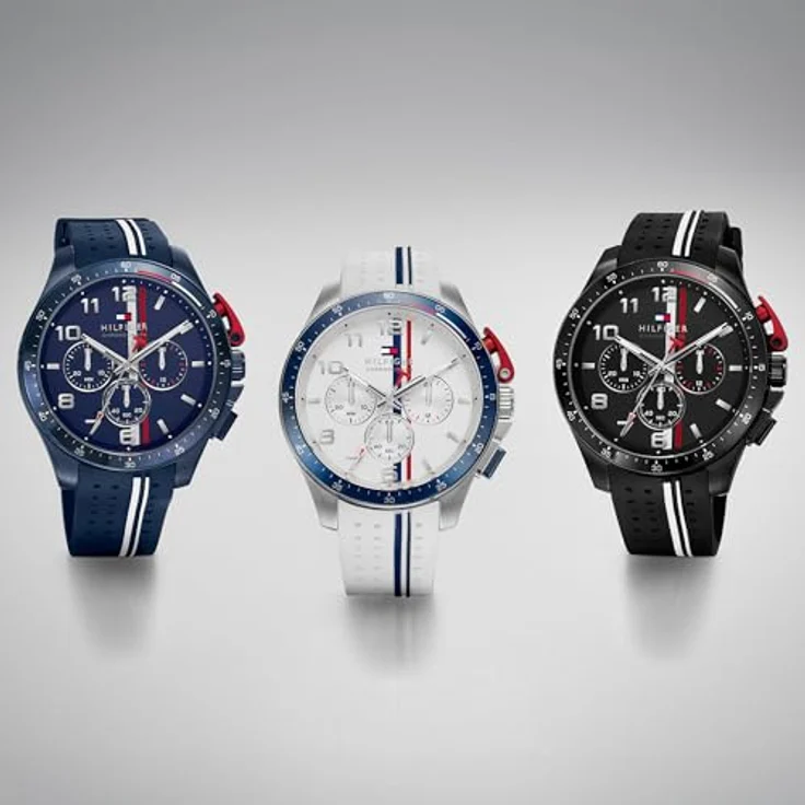 Tommy Hilfiger Chronograph Herren Quarz Uhr mit blauem Aluminium-Lünettenring, rotem Drückerschutz und weißem Silikonarmband, wasserfest bis 5 ATM – Bild 5