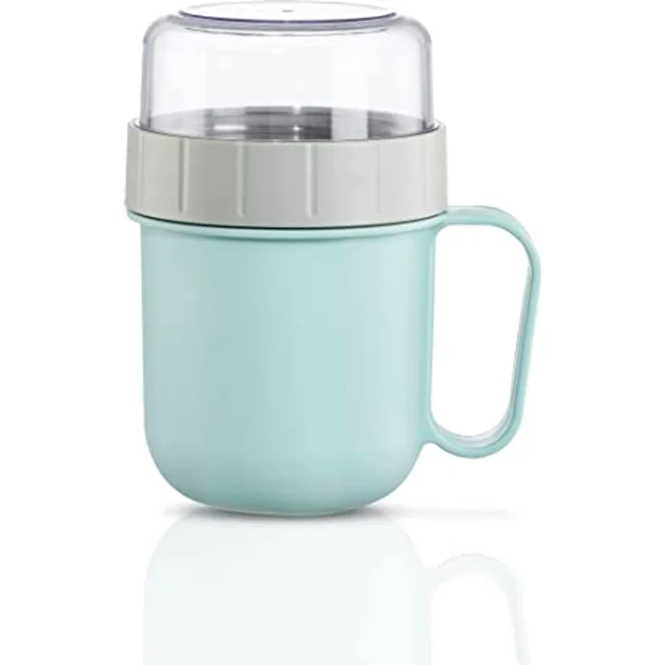Xavax Müslibecher 2 Go, 500+200 ml (2 Fächer, Müslibecher für z.B. Joghurt, Milch, extra Topper für Müsli, Obst, Cornflakes etc., auslaufsicherer To Go Becher, spülmaschinenfest) Pastellblau/Grau – Bild 1