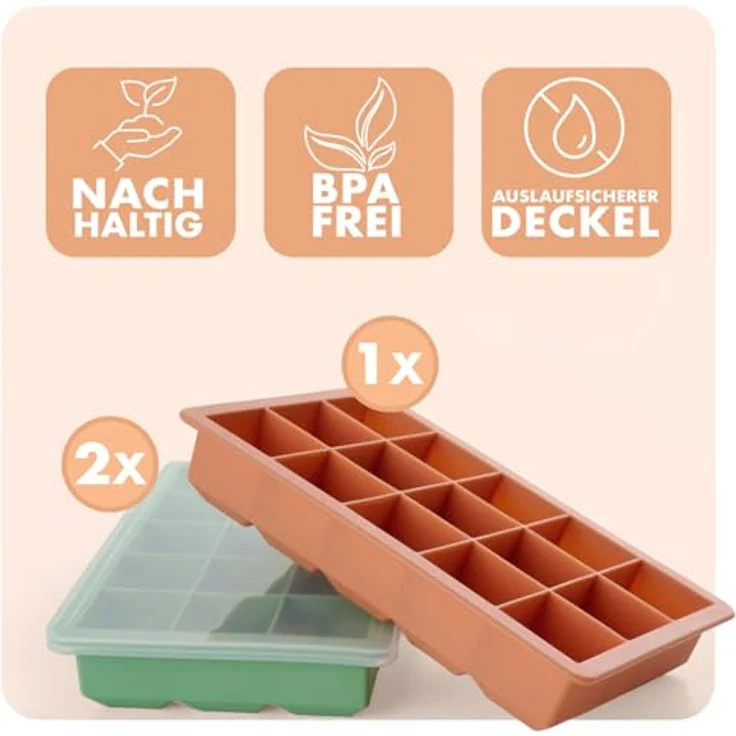 Blumtal Eiswürfelformen Silikon 3er Set, 15er Eiswürfelform mit Deckel, BPA-frei, lebensmittelecht, Olivgrün + Olivgrün + Mineral Rot – Bild 2