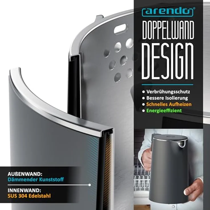 Arendo - Wasserkocher mit Temperatureinstellung - Edelstahl - 1.5 Liter - BPA frei - Warmhaltefunktion - Teekocher - Cool Touch - Cool Grey – Bild 4