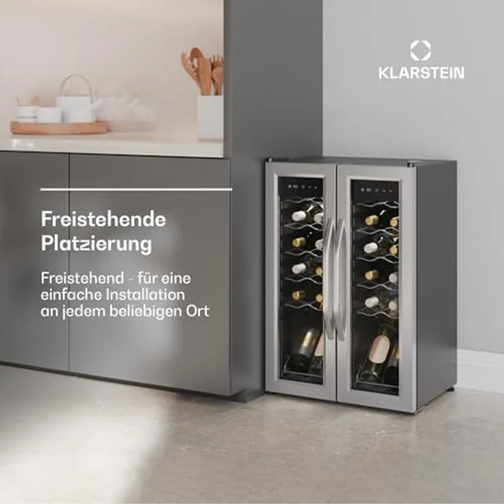 Klarstein Vinamour Weinkühlschrank 24 Flaschen – 2 Zonen, Edelstahl-Doppeltür, Touch-Steuerung, LED, UV-Schutz, freistehend – Bild 2