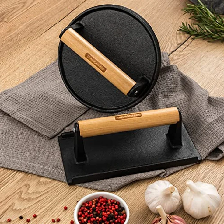 Tramontina Black Gusseisen Grillpresse, rund, für BBQ und Smash Burger, Ø 17 cm, mit ergonomischem Holzgriff, vorgebrannt – Bild 2