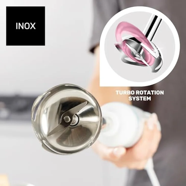 Taurus Handmixer Robot 1000 Edelstahl, 2 Geschwindigkeitsstufen + Turbo, ergonomisch, spritzgeschützt, BPA-frei, spülmaschinenfest, weiß – Bild 3
