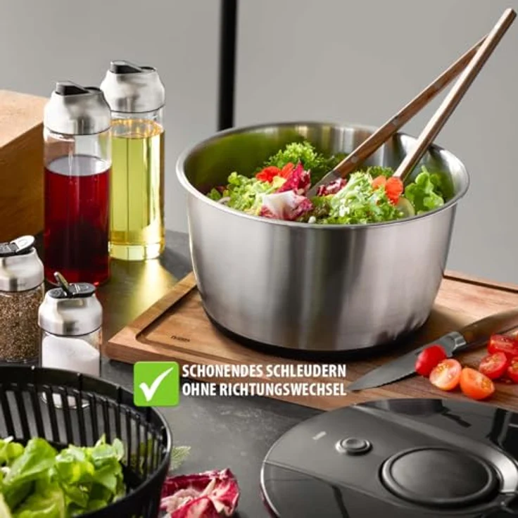 GEFU Salatschleuder PUSH IT Ø 25 cm, Edelstahl-Schüssel 5 l mit PUSH-Mechanismus, Stopp-Button und rutschfestem Silikonboden, spülmaschinengeeignet – Bild 3