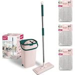 York Bodenwischer Mop Set Handy | Flach, Schwenkbar mit Zwei Kammer Putzeimer | Wischmopp mit Auswringfunktion | Nass-Trocken Reinigungs | Für alle Böden Geeignet | 3 Extra-Kartuschen