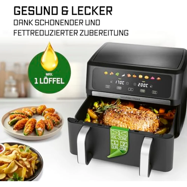GOURMETmaxx Heißluftfritteuse AirGenius 10 l (2 x 5 l), Vario-Kammer, 2800 W, 10 Programme, Multi-Colour-LED-Touch-Display – Bild 10