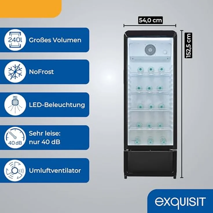 Exquisit GKS5220-GT-431D, Glastürkühlschrank mit 240l Volumen, 153 cm Höhe, Umluft, 4 verstellbare Ablagen, LED-Beleuchtung, schwarz – Bild 3