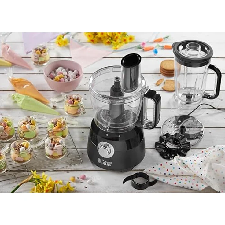 Russell Hobbs Küchenmaschine Matt Schwarz (1,5l Standmixer-Aufsatz & 2,5l Rührschüssel, Edelstahlscheibe zum Schneiden & Raspeln, Teigwerkzeug, Emulgiereinsatz) Food Processor 24732-56 – Bild 6