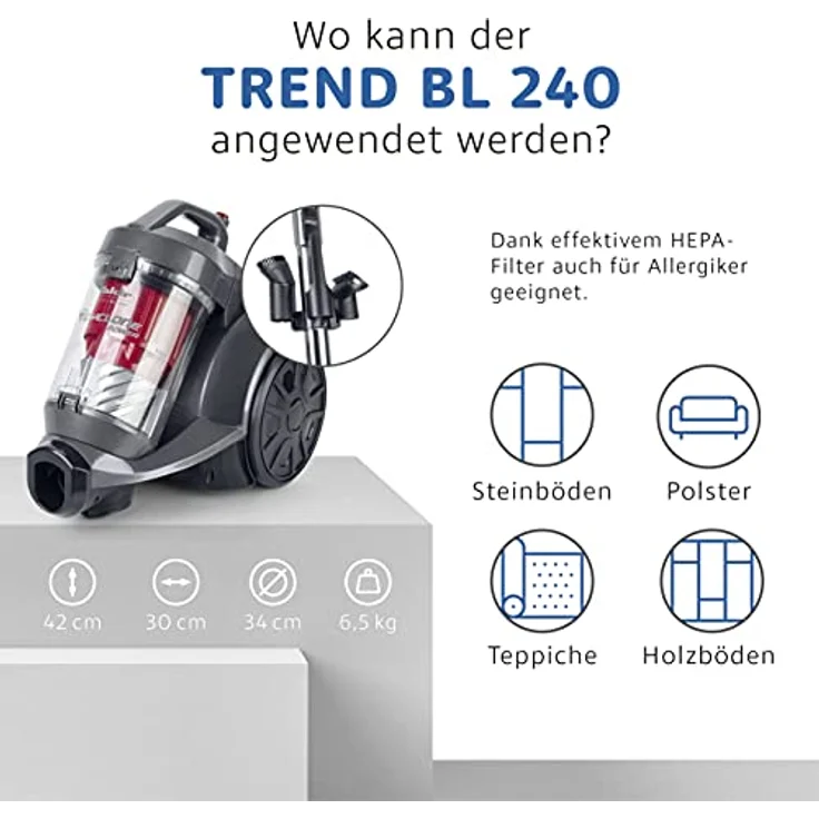 Fakir BL 240 Trend-beutelloser-Bodenstaubsauger, Sauger-ohne-Beutel mit Hocheffizienzmotor, HEPA-Filter, langes Kabel, sehr leise, großer Aktionsradius, anthrazit-rot - 700 Watt – Bild 4