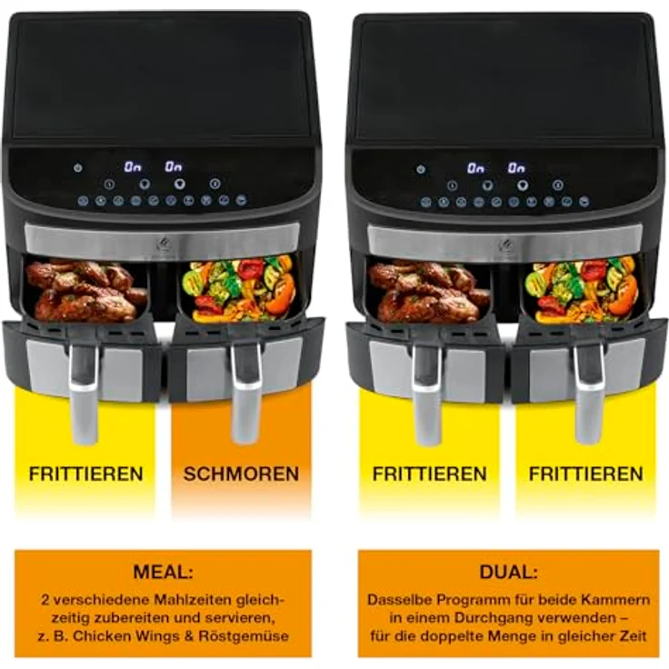 KOCHWERK Doppelkammer Heißluftfritteuse 7 L | Digitaler Edelstahl Airfryer mit Touchscreen & 10 Programmen | Frittieren von Speisen ohne Öl - fettarm | Smart-Cook Funktion | 2400 W – Bild 4