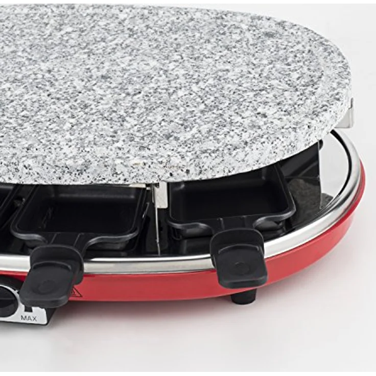 H.Koenig RP418 Raclette-Gerät 4 in 1 - 8 Personen - Raclette, Natursteingrill, Crepe-Platte und Grillplatte - mit 8 Pfännchen - 1500 W - schwarz-rot – Bild 7