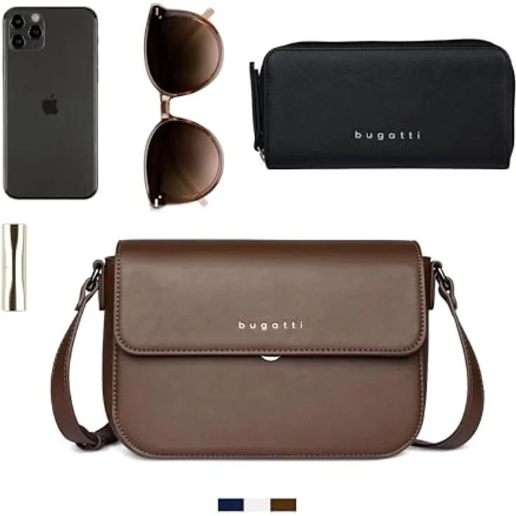 Bugatti Almata Umhängetasche M, handliche 25 cm Schultertasche aus strapazierfähigem Polyurethan, braun, mit verstellbarem Schultergurt und Reißverschlussfächern – Bild 6