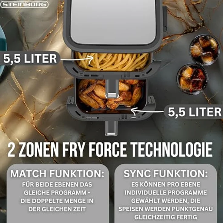 Steinborg® Heissluftfritteuse Doppelkammer 11 Liter, 2 Frittierkammern à 5,5L, 360° Fry Force Technologie, 8 One-Touch-Programme, platzsparendes Design – Bild 4