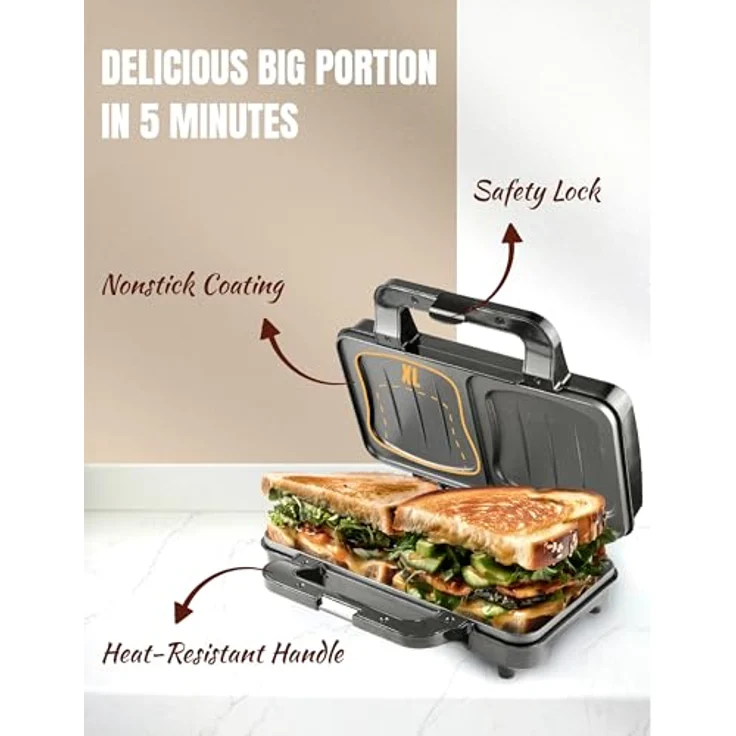 Bestron ASM92XLSAT, XXL Sandwichmaker mit 900 W, beige, automatische Temperaturregelung und Antihaftbeschichtung – Bild 3