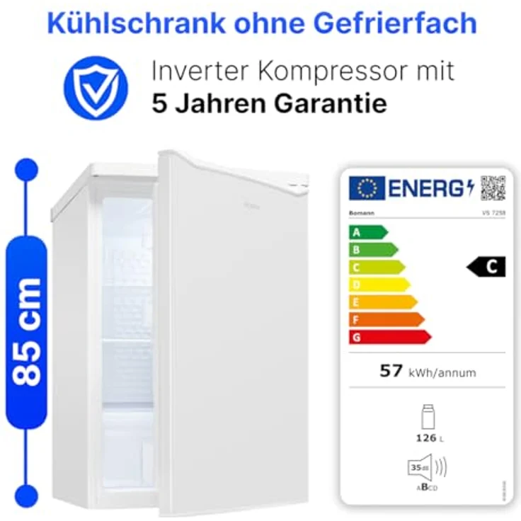 Bomann VS 7258, Kühlschrank ohne Gefrierfach, 126L, leise mit LED-Innenraumbeleuchtung, weiß – Bild 3