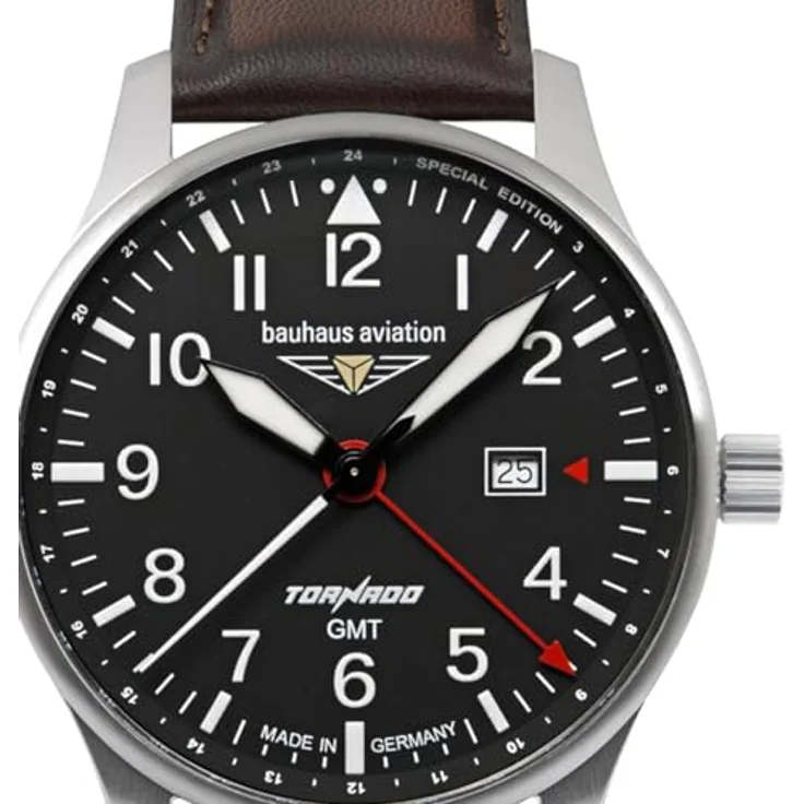 Bauhaus Aviation 2744-2 Tornado, Herrenuhr mit Schweizer Quarzwerk, Edelstahlgehäuse silber, schwarzes Zifferblatt, braunes Lederband, 5 ATM wasserdicht – Bild 2