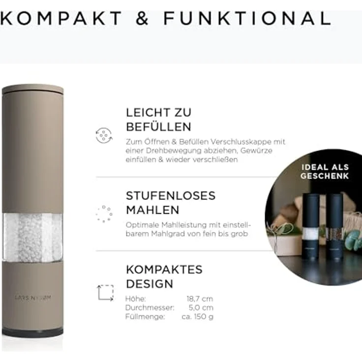 LARS NYSØM Salz und Pfeffer Mühle 2er Set Manuell mit einstellbarem Keramik-Mahlwerk von grob bis fein I Design Gewürzmühlenset (2 Stück) (Greige) – Bild 4