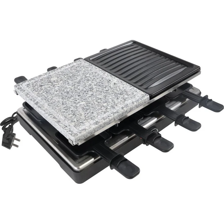 FIVMEN Raclette Grill Tischgrill, 1650W Elektrogrill für 12 Personen mit Antihaftbeschichtung und Naturgranitplatte, 59 x 21 x 13 cm