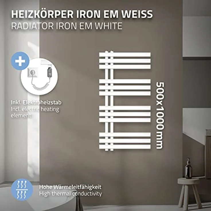 ECD Germany Badheizkörper Elektrisch 500 x 1000 mm Weiß, Flach Designpaneel mit 600W Heizstab, Handtuchwärmer und Trockner – Bild 3
