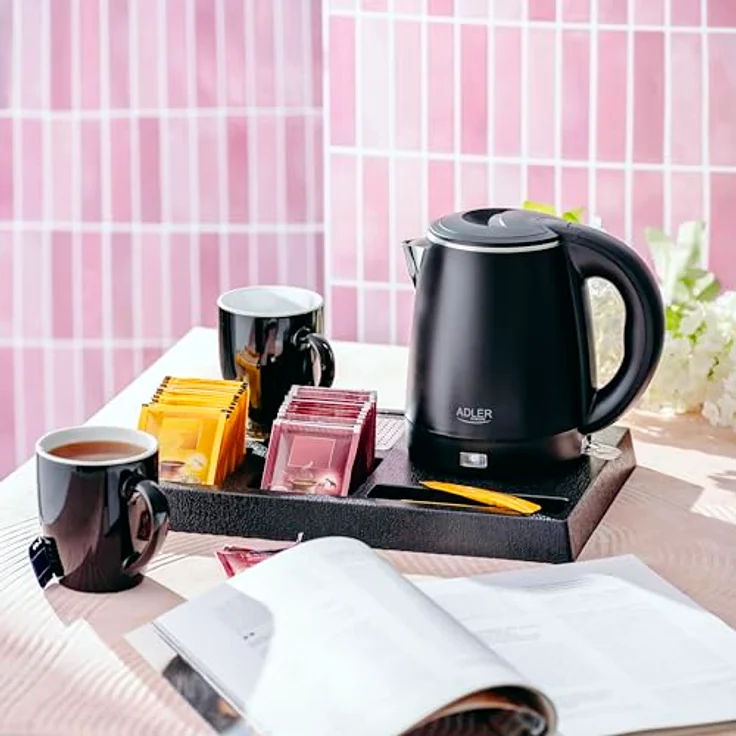 ADLER Wasserkocher Set mit Tablett & 2 Tassen, 1L Edelstahl, Cool-Touch Gehäuse, automatische Abschaltung, schwarz – Bild 4