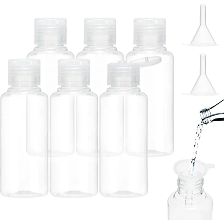 BillyBath Reiseflaschen zum Befüllen 100ml, 6 Stück Liquid Flaschen zum Befüllen mit 2 Kleinem Trichter, Transparente Plastikflaschen Kosmetikflascher Duschgel Behälter Flasche Set für Shampoo Lotion