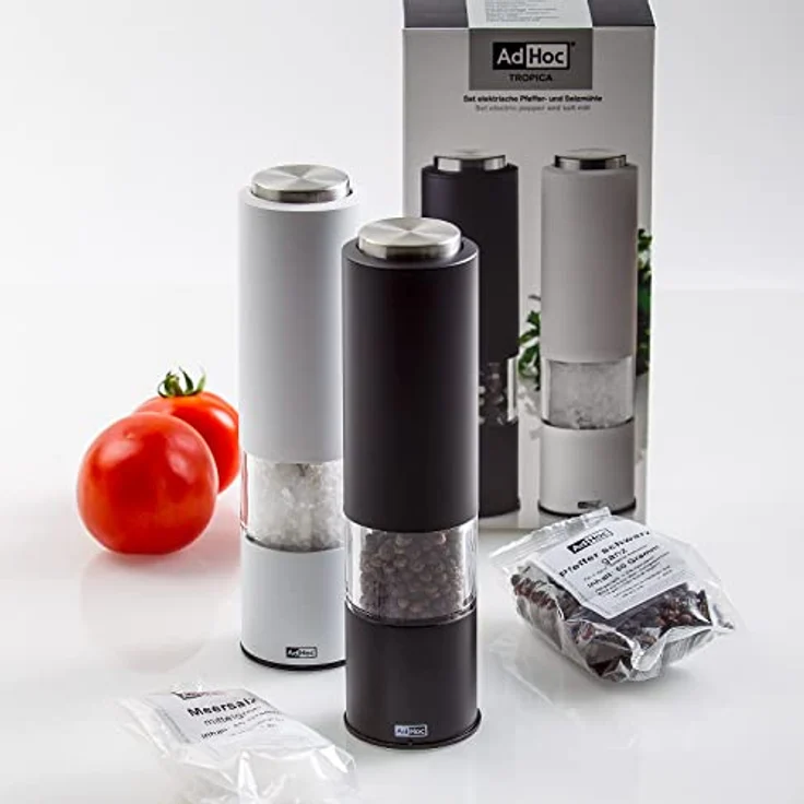 AdHoc elektrische Salzmühle und Pfeffermühle 2er Set Tropica Schwarz und Weiß mit Keramikmahlwerk einstellbar fein bis grob inkl. Salz & Pfeffer – Bild 3
