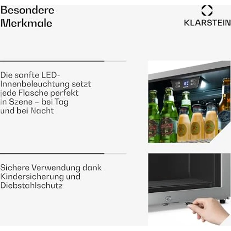 Klarstein LuxeChill Getränkekühlschrank, 60L Kapazität, Temperaturrange 0-10°C, freistehend, schwarz, IPX4 spritzwassergeschützt – Bild 6