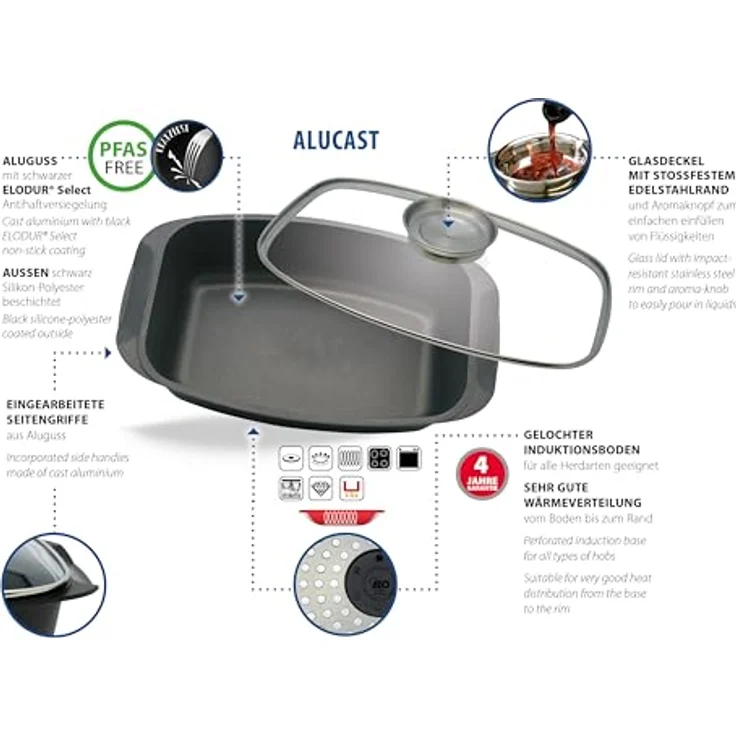 ELO Alucast Bräter 32cm, Aluminiumguss mit PFAS-freier Antihaftversiegelung und Glasdeckel, schwarz – Bild 5