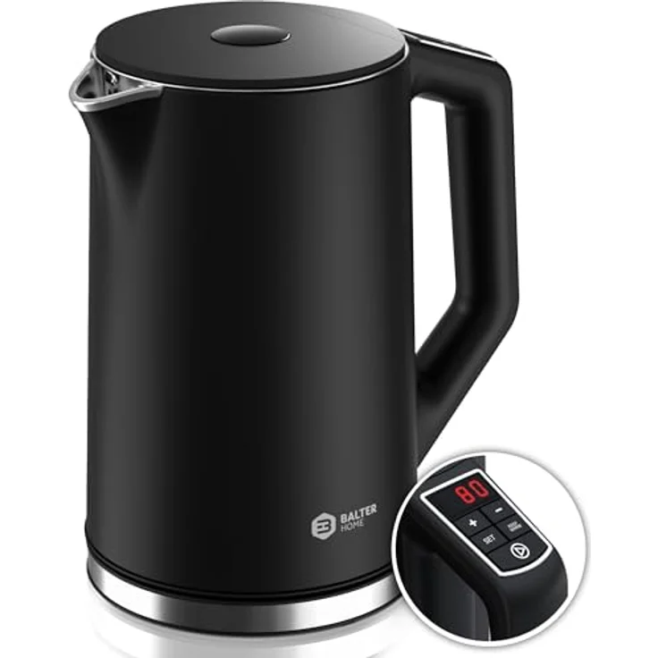Balter WK-12 Edelstahl Wasserkocher, Temperaturwahl 40°C-100°C, 1.5L, 2200W, doppelwandig, kabellos, BPA-frei, Schwarz – Bild 1