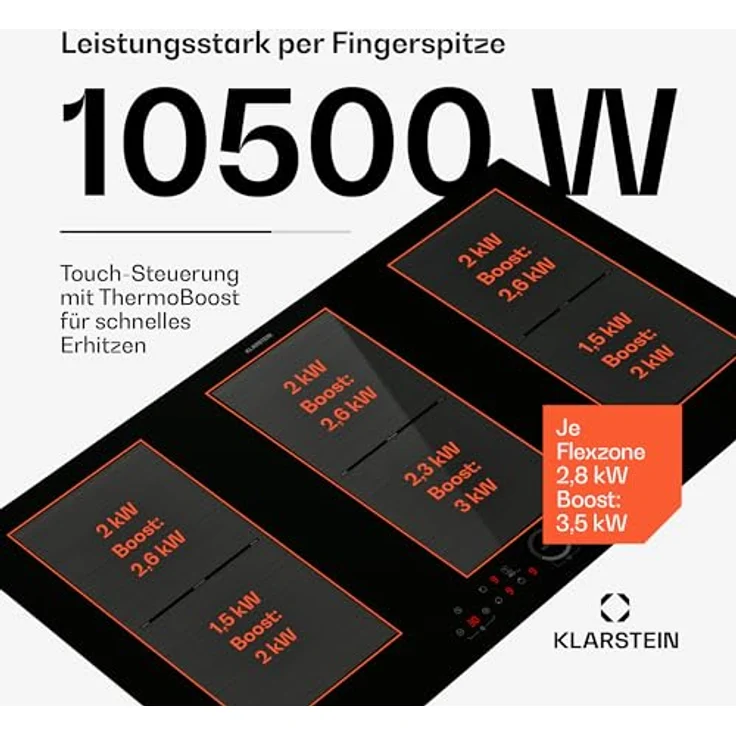 Klarstein Delicatessa 90 Induktionskochfeld - 6 Zonen, Full Flex Power, 10.500 W, Touch-To-Slide, Timer & Kindersicherung, Schwarz Glaskeramik, Einbau-Induktionskochfeld – Bild 4