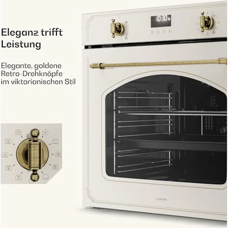 Klarstein Victoria Pyro Einbaubackofen 60 cm – 76L, Retro Design mit 11 Funktionen, Energieklasse A, Pyrolyse, Timer, Vierfachverglasung, Emaille-Innenraum, Sahne – Bild 4