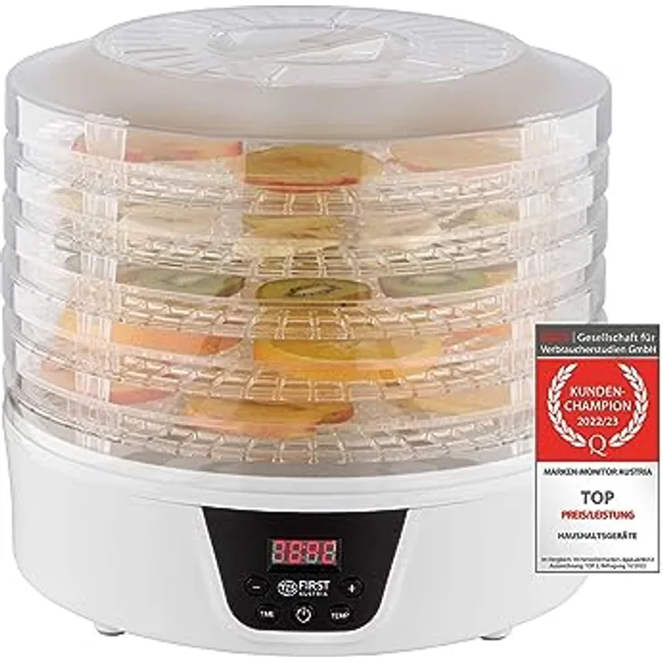 TZS First Austria Dörrautomat | Dörrgerät für Obst, Kräuter, Pilze & Fleisch | digital mit Timer & Temperaturregler 35-70°C | 5 Etagen, Einlageböden BPA frei, Dörrapparat mit Zeitschaltuhr