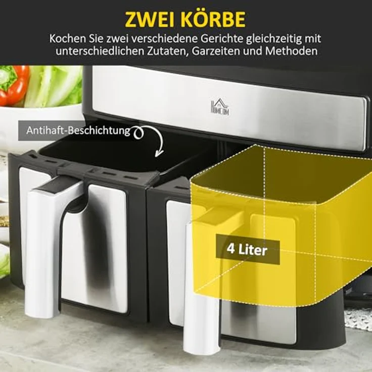 HOMCOM Heißluftfritteuse 8L Fritteuse mit Doppelkammer, Airfryer mit 10 Programmen, 2400 W Luftfritteuse mit Touchscreen, Rezeptur, ohne Öl, Schwarz – Bild 3