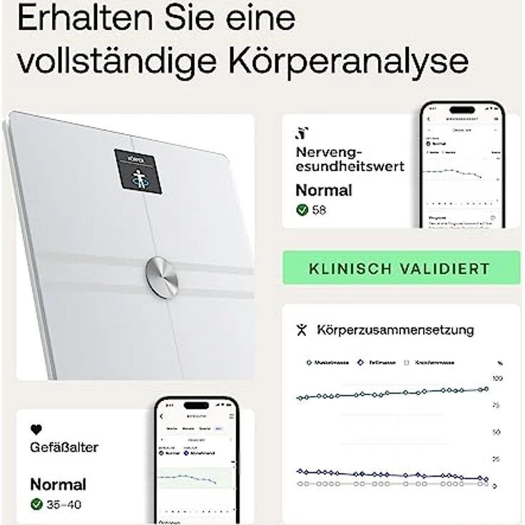 WITHINGS BODY COMP — WLAN Smart Waage mit vollständiger Körperanalyse inkl. Fettanteil, Muskelmasse, Knochendichte, Viszeralfett, Digitale Personenwaagen /Körperfettwaage mit Bluetooth – Bild 2