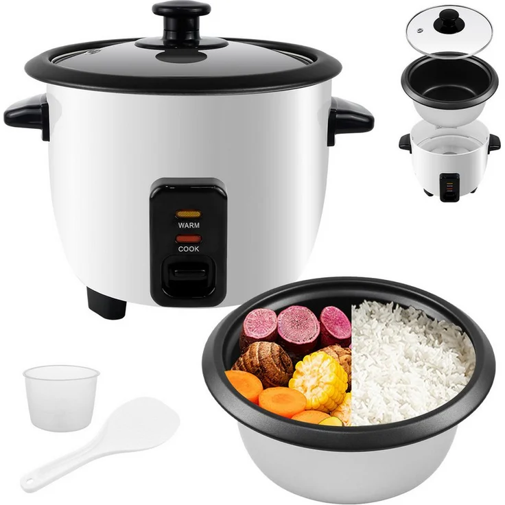 OZAVO Reiskocher 0,6L, Mini Reisekocher mit Warmhaltefunktion, 300 W, für 1-2 Personen, weiß, inkl. Messbecher und Löffel
